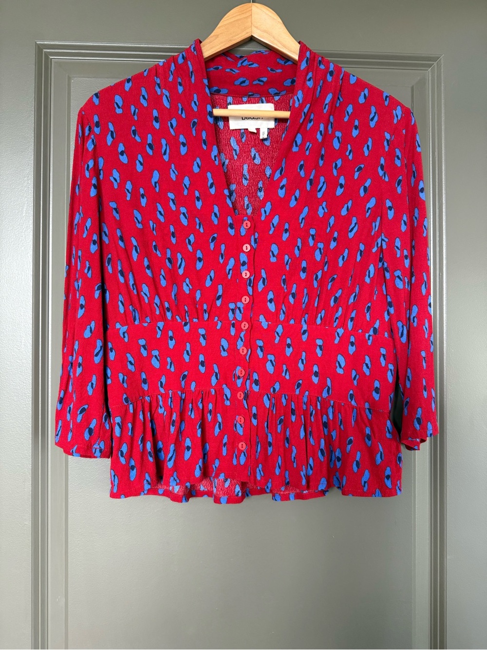 Ba&sh- Women’s Red Button-Front Peplum Top with Blue and Black leopard Print